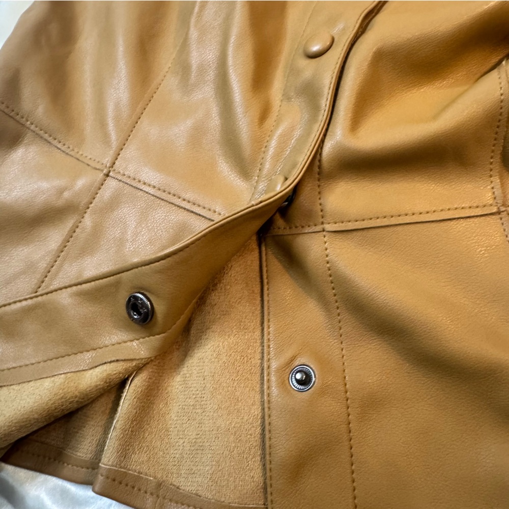 Women's Tan Faux Leather Button-Up ruffle Top - Picture 3 of 6